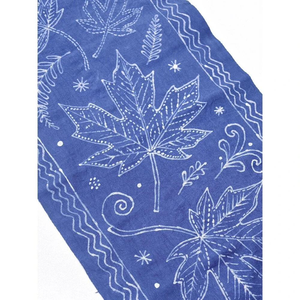 Handmade Indigo Batik Maple Leaf Table Runner, Natural Indigo Cotton Tea Mat